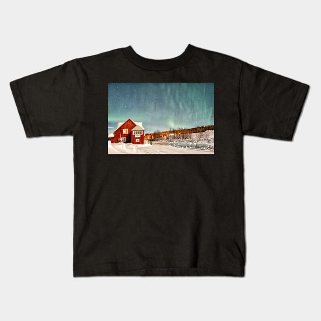 Porjus Station House Under the Aurora Kids T-Shirt by krepsher